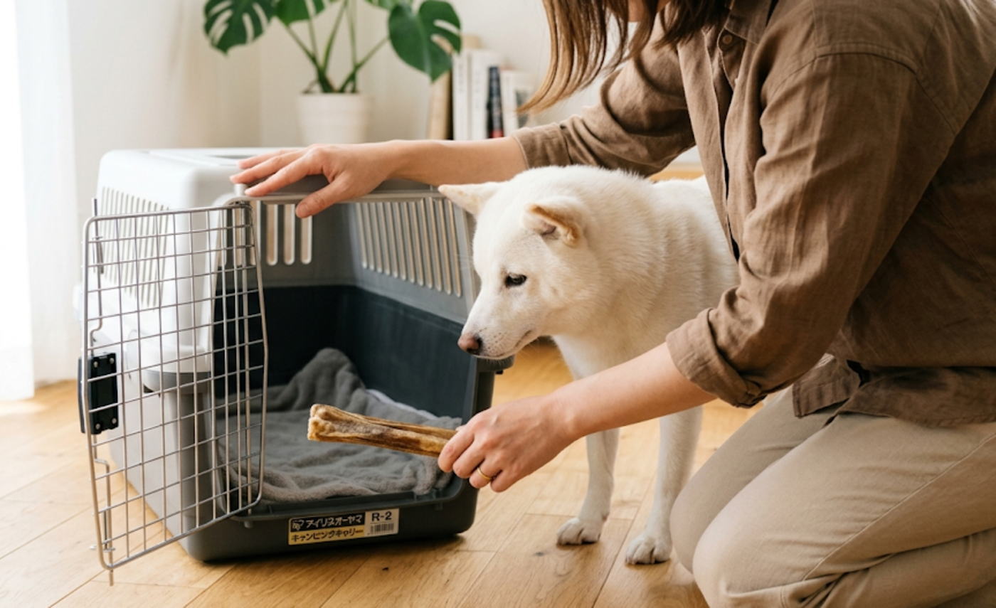 興奮した犬をクレートに誘導する飼い主の手元