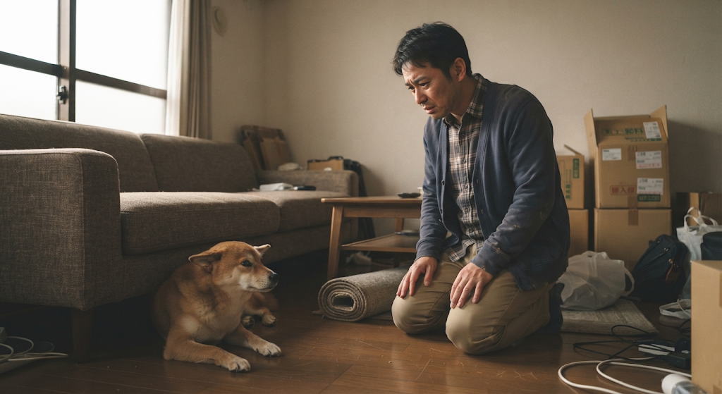新居で唸る愛犬を心配そうに見つめる40代飼い主の様子