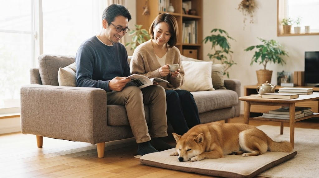 唸る愛犬を静かに見守る新居のリビングで過ごす飼い主夫婦の様子
