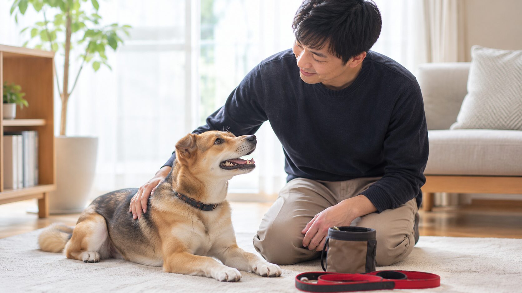 しつけがうまくいき愛犬と信頼関係を築いた男性の穏やかな表情