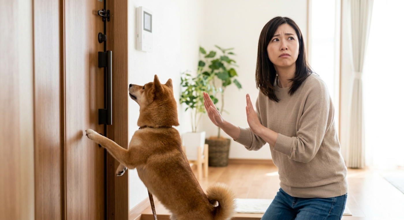 宅配チャイムに興奮する犬に困る30代女性飼い主の玄関前の様子