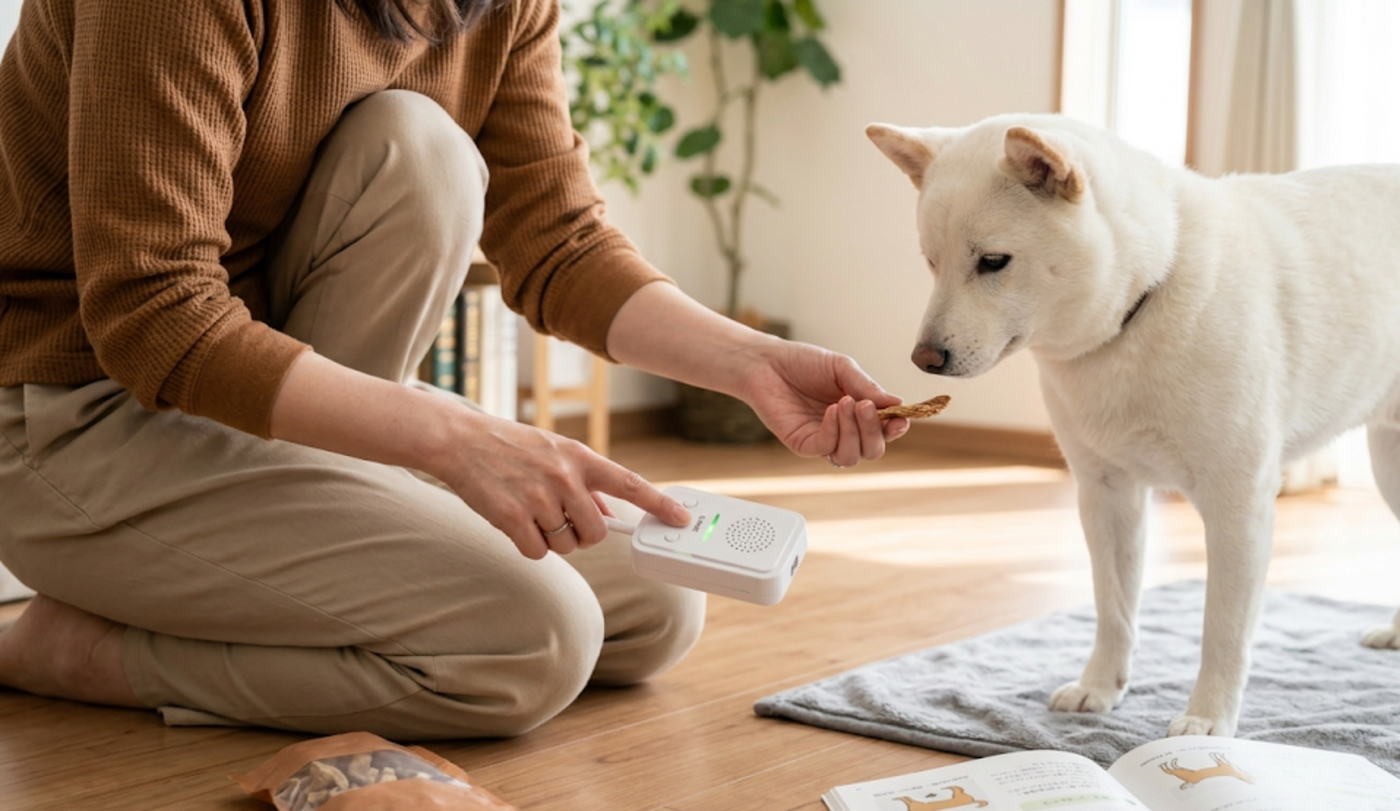 チャイム音を使い犬の興奮を鎮めるトレーニングを実践する手元
