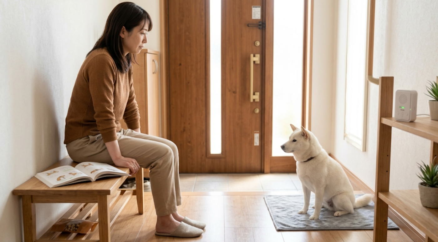静かな玄関ホールで犬のしつけの土台を見つめ直す情景