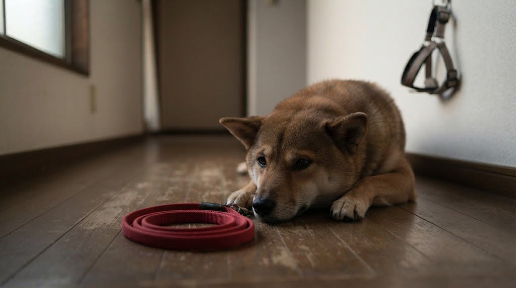 犬が単身赴任で環境変化に戸惑い玄関でリードを見つめる様子